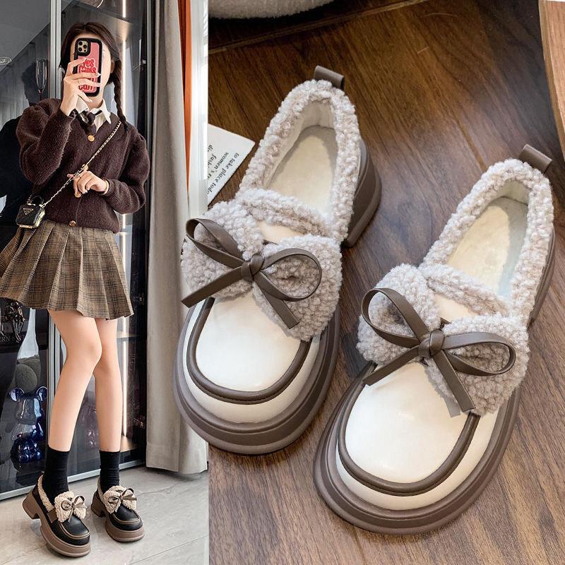 Internet Celebrity Small Leather Shoes Women's 2024 Winter New Platform Beanie Shoes Velvet Retro Bow Foreign Style Loafer Cotton Shoes