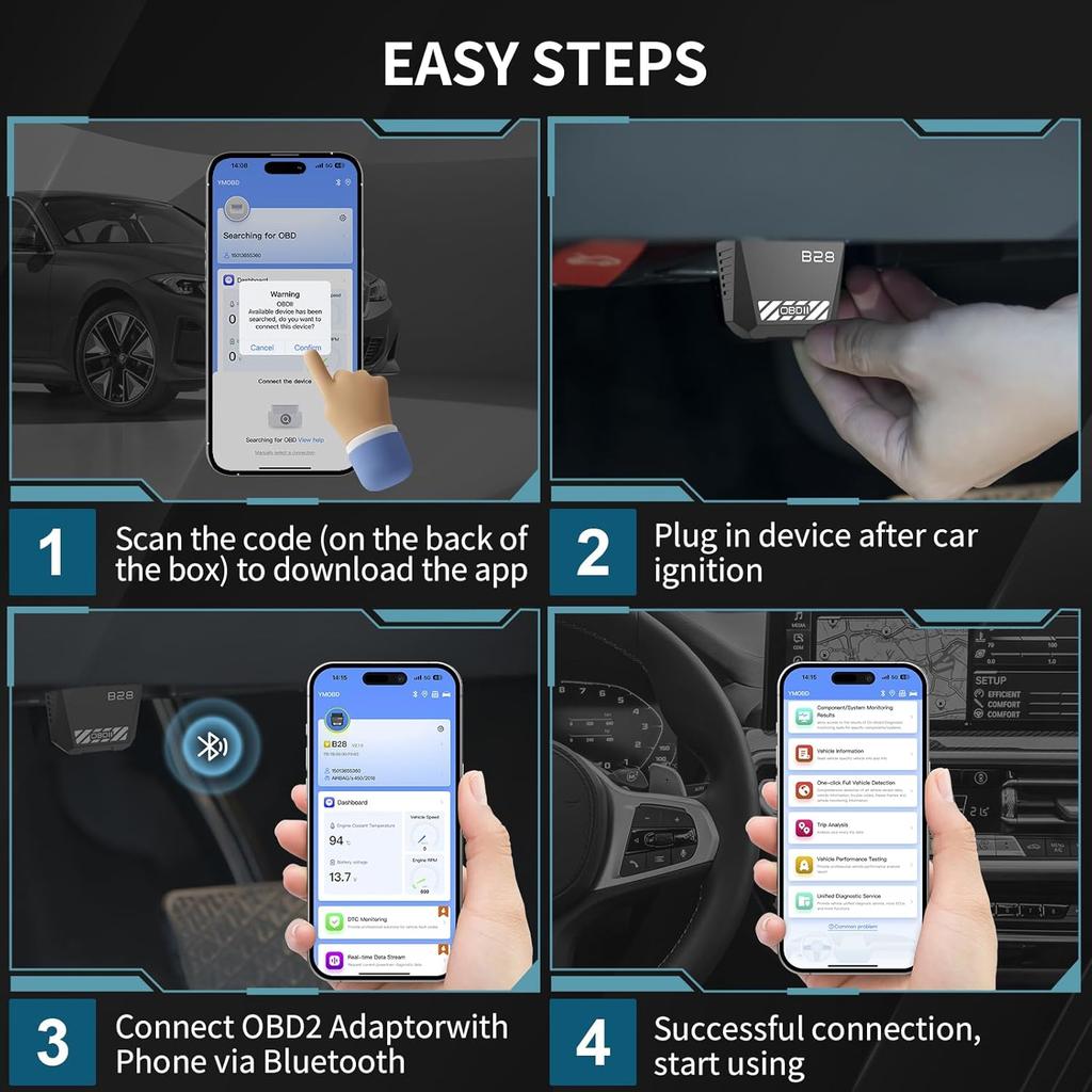 OBD2 Сканер для Автомобиля Bluetooth 5.4 - Коды Можно Быстро Считать и Удалить, Совместим с Android и iOS - Диагностика Двигателя, ABS,