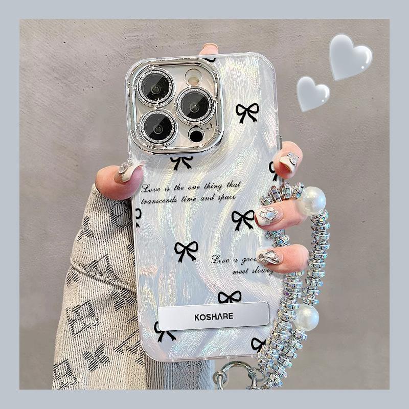 Bow Polka Dot Bracket Bracelet Suitable for IPhone 16 Feather Yarn Apple Phone Case 15promax High-end Sense 14