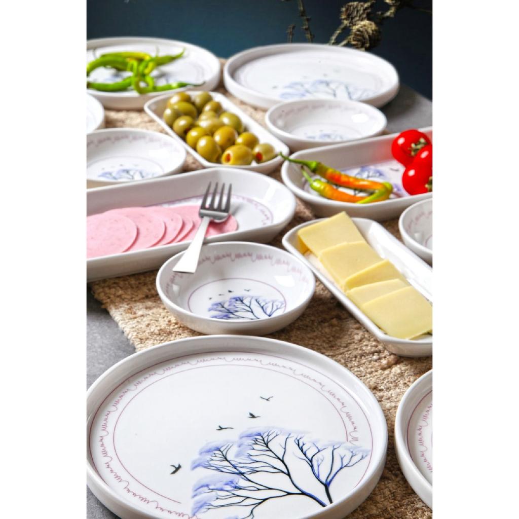 Blue Plane Tree Patterned Luxury Ceramic 14 Piece Elegant Breakfast Set For 6 Persons