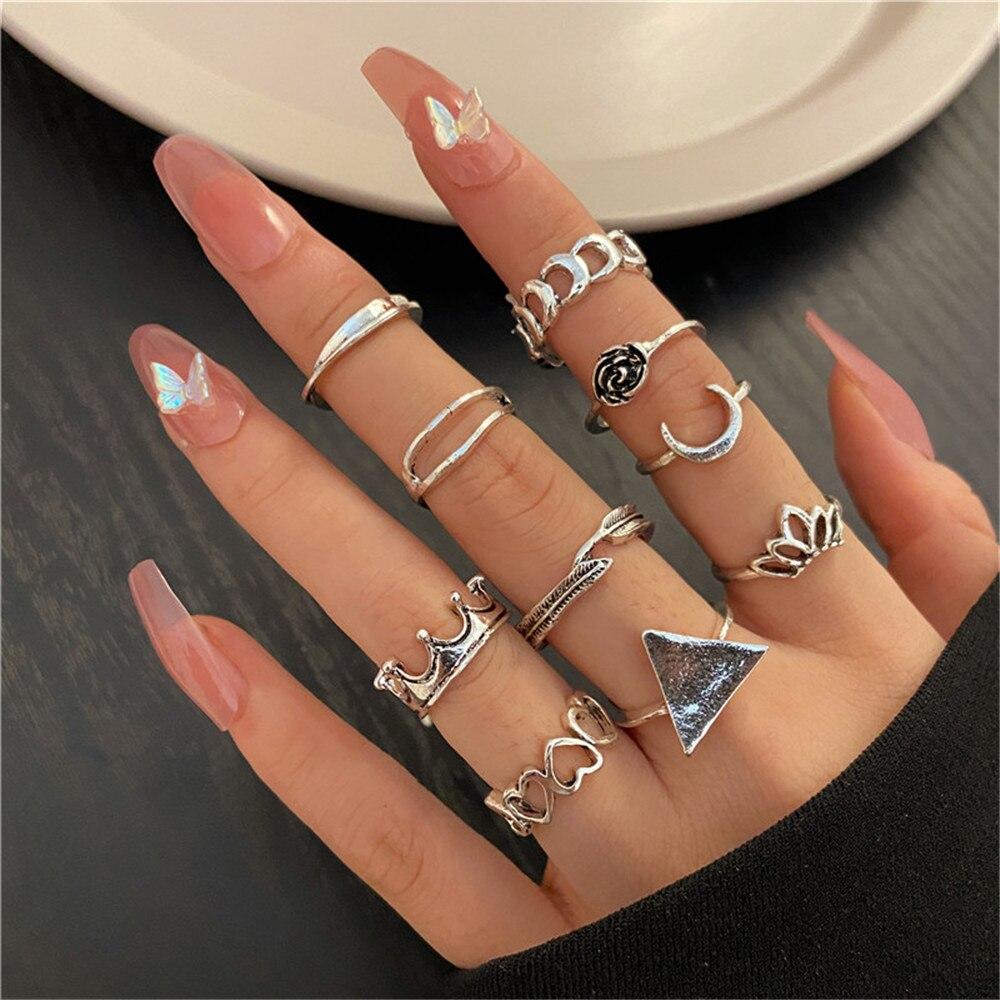 iF ME Punk Vintage Silver Color Poker Billiards Ring Set for Women Gothic Heart Anillos Hip Hop Y2k Korean Fashion Male Gift Jewelry