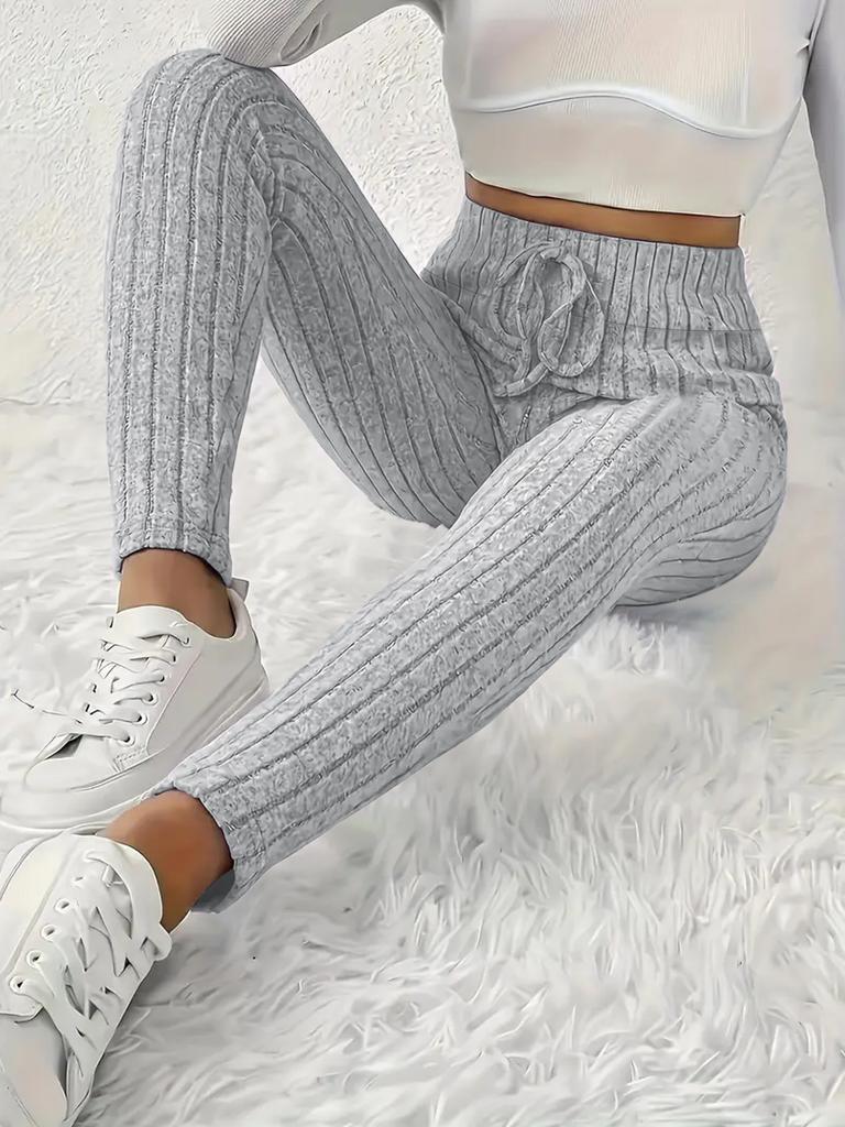 Women's Casual Pants with Ribbed Waistband High-Waisted Tie-Waist Warm Comfortable Tight-Fitting 9-Inch Pants for Home Use