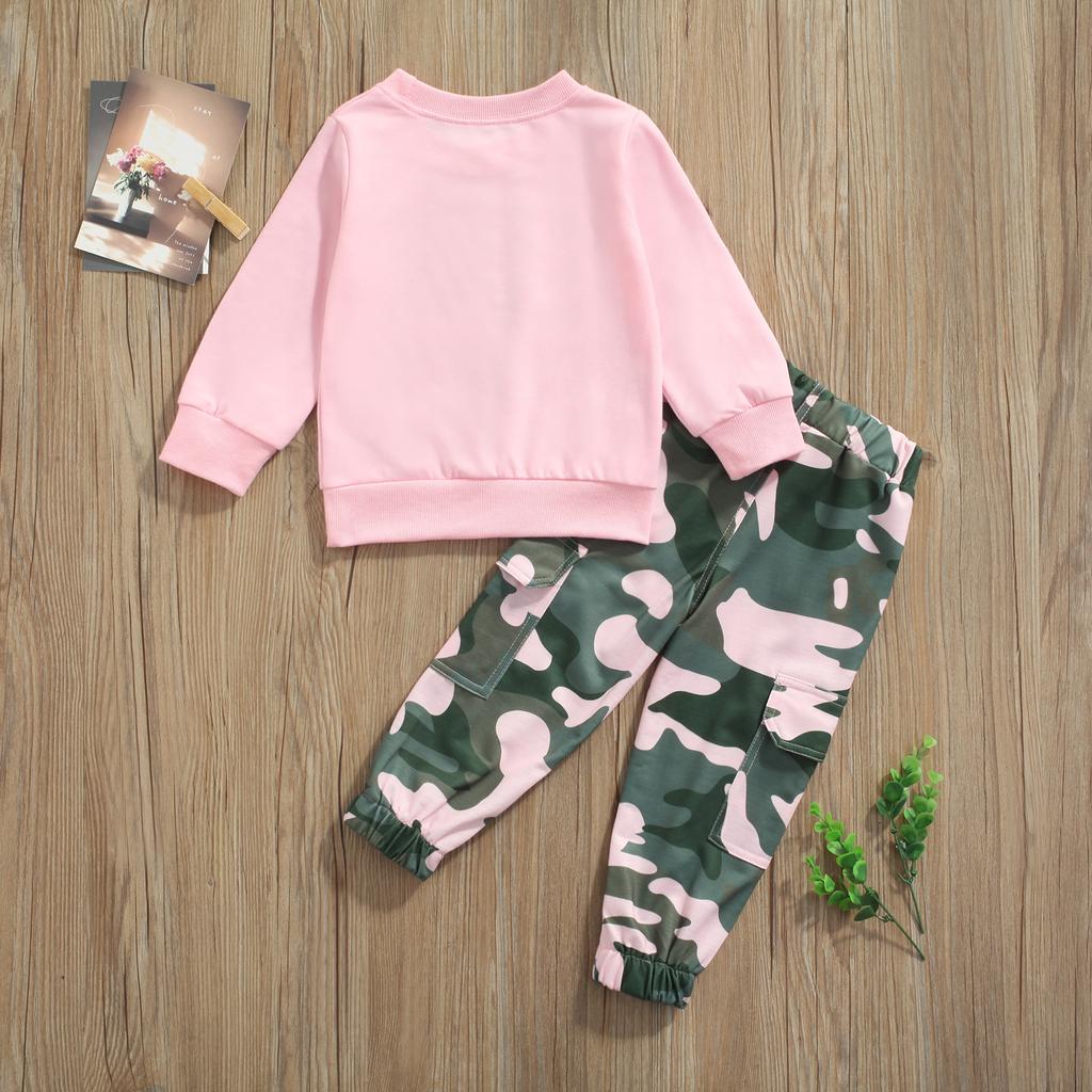 2 Pcs Infant Casual Outfits, Girls Letter Print Long Sleeve Round Neck Sweatshirt + Camouflage Pants with Pockets
