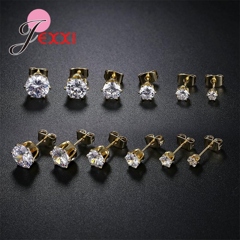 Fine 925 Sterling Silver Jewelry Earrings Clear Cubic Zircon 3MM 4MM 5MM 6MM 7MM 8MM Mix Size 6 Pairs Women Men Ear Accessories