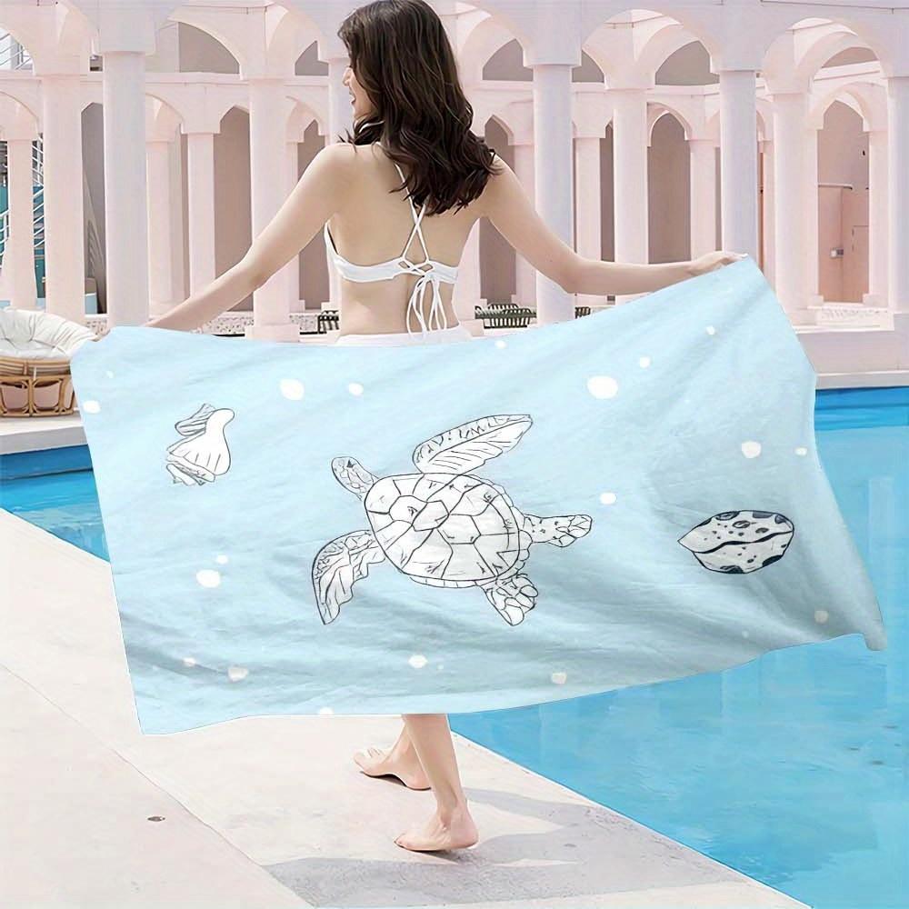 1pc Oversized Quick-Dry Microfiber Beach Towel - Turquoise Blue & White Sea Turtle Design with Ocean Wave Pattern, Sand-Free