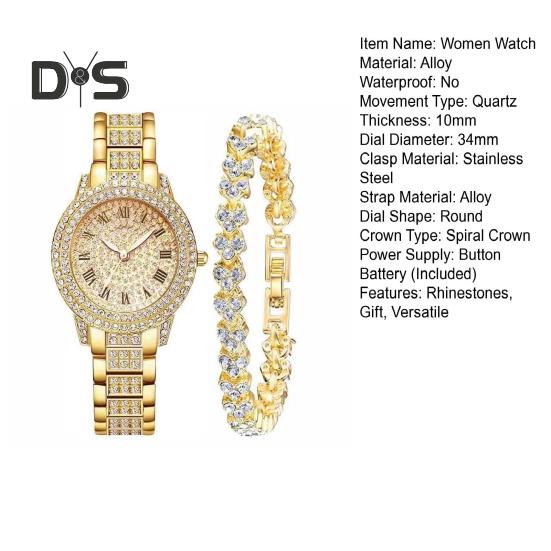 2 шт./комплект женские часы Quart блестящие стразы круглый циферблат высокоточный механизм наручные часы с браслетом