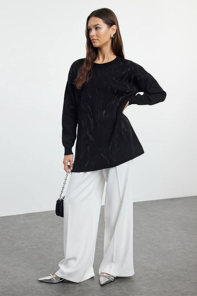 Women's Fashionable Stylish Hijab Sweater Black Stone Embroidered Knitwear Sweater