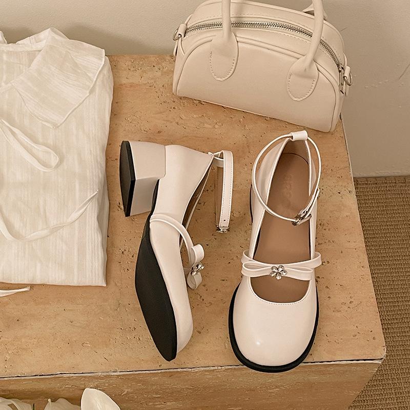 Red Retro Light Mouth Thick Heel Single Shoes Women's 2025 New Spring and Autumn with Skirt Round Head French Mary Jane Small Leather Shoes