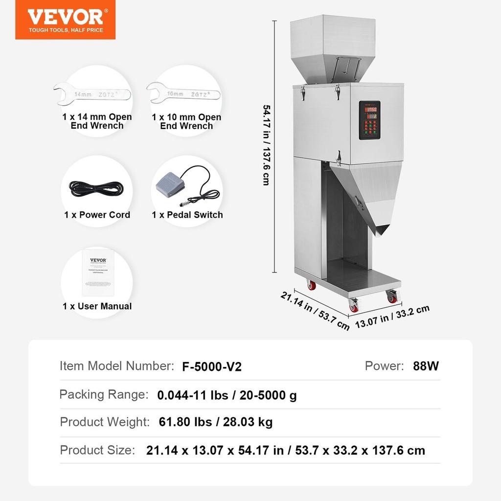 Particle Filling Machine, 0.044-11 lbs/20-5000g, Automatic Filler Machine with Foot Pedal, Stainless Steel Weighing Filling Machine, Weigh Filler for