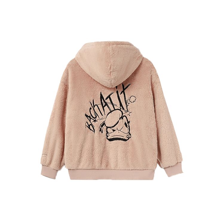 Li-Ning Disney Co-Branded Series Sporty Cartoon Embroidery Velvet Loose Hoodie with Plus Velvet Women Hoodie Rose-Pink AWDR684-2