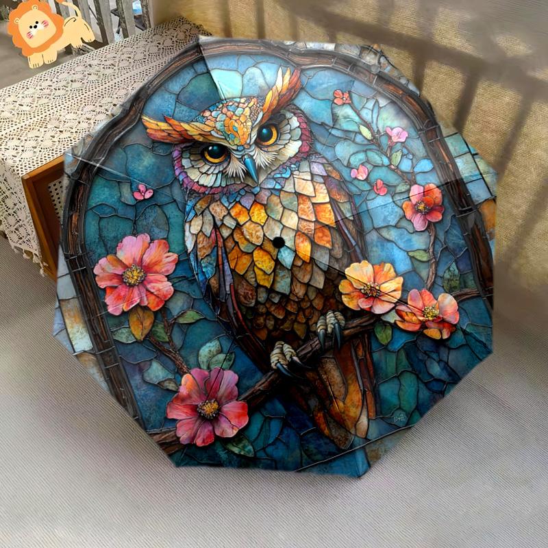 1 шт. Автоматический складной зонт - Узор «Совы и цветы», Портативная и складная конструкция с 8 спицами, Рождественские и новогодние подарки