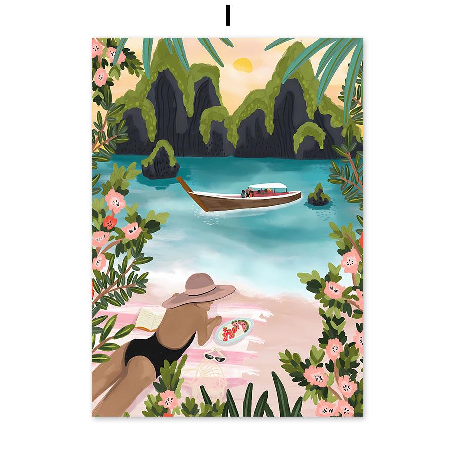 Бохо Абстрактная Девушка Озеро Птицы Лист Иллюстрация Настенное Искусство Холст Живопись Скандинавский Постер И Принты Картины Для Декора Гостиной