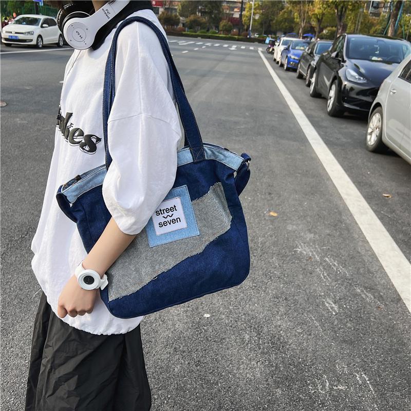 Large Capacity Tote Bag Women's Denim Patchwork Crossbody Bag Shopping Bag