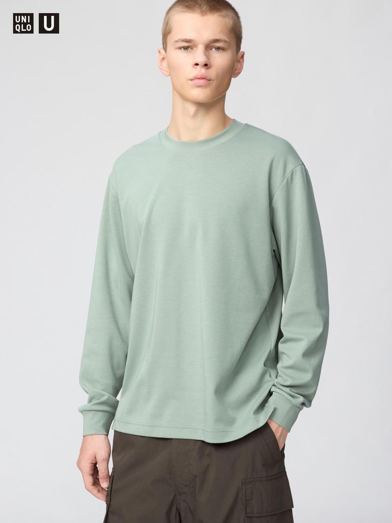 Uniqlo 486102 Хлопковая футболка с длинным рукавом и круглым вырезом AIRism ЗЕЛЕНЫЙ БЕЛЫЙ ТЕМНО-СЕРЫЙ ЧЕРНЫЙ РОЗОВЫЙ СИНИЙ ФИОЛЕТОВЫЙ Мужская Япония