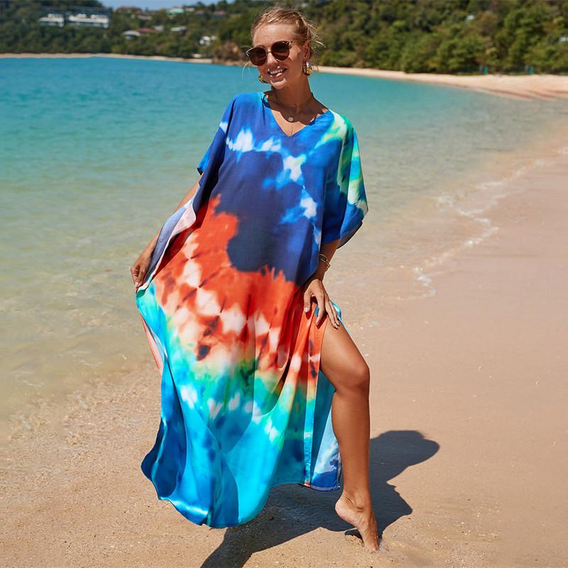 2022 Разноцветный кафтан с богемным принтом и v-образным вырезом, рукавами «летучая мышь», уличная одежда, платье макси, женская пляжная одежда, купальный костюм, накидка Q1342