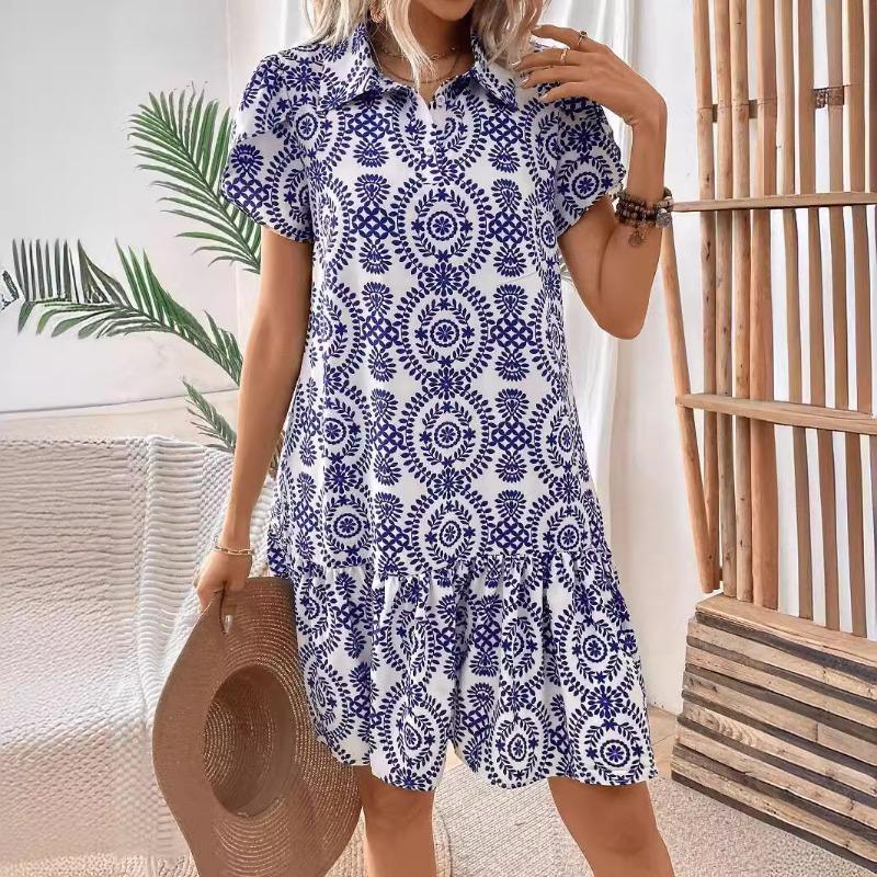 Женское платье с короткими рукавами и цветочным принтом «Лепестки цветов», воротником-стойкой и оборками по подолу