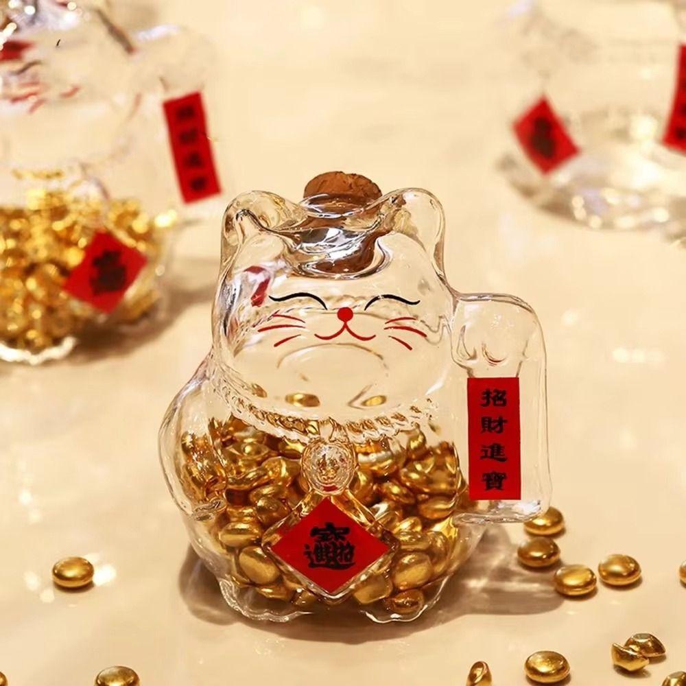 Clear Glass Cat Shape Saving Jar Lucky Cat Gold Bean Container Lucky Cat Piggy Bank  Gift Giving