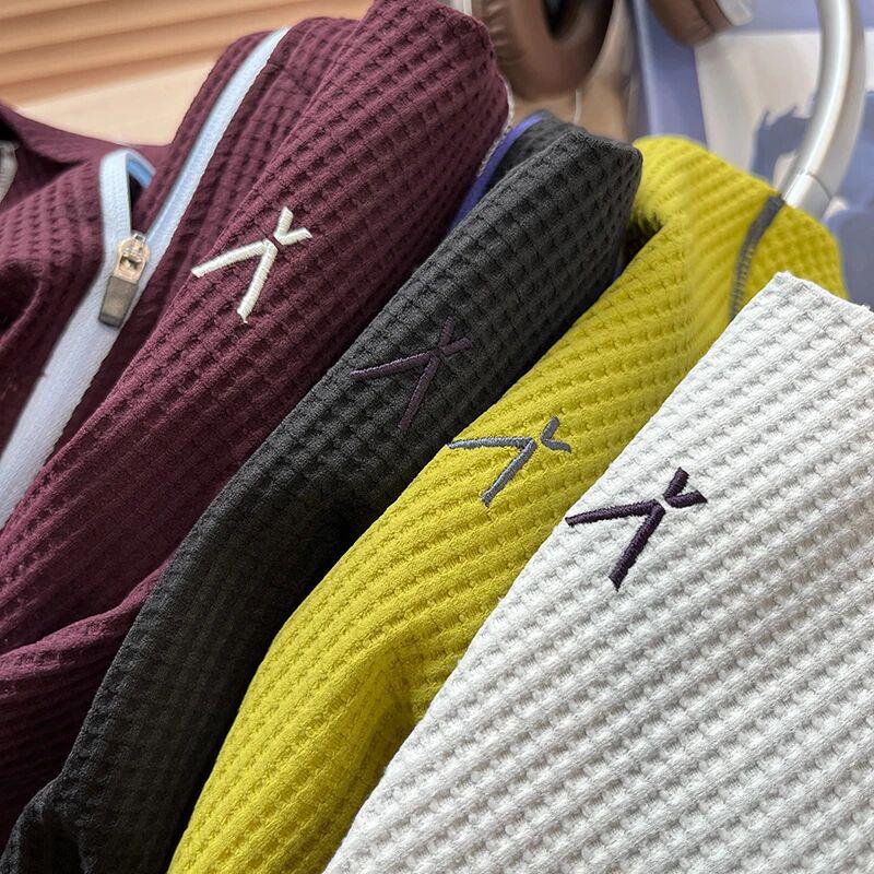 Mountain-Style Unisex Autumn Waffle Knit Half-Zip T-Shirt: Color-Block, Snap Button, Loose Fit, Breathable Long Sleeves