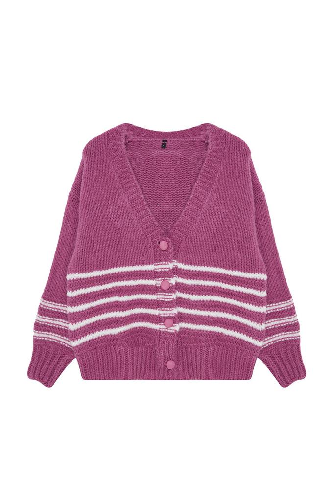 Women's Elegance Style Cardigan Black Soft Textured Striped Knitwear Cardigan