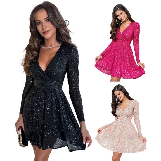 Женское сверкающее мини-платье с пайетками, длинное вечернее платье с V-образным вырезом, облегающее женское коктейльное платье для вечеринок, свадеб, клубов, выпускных вечеров