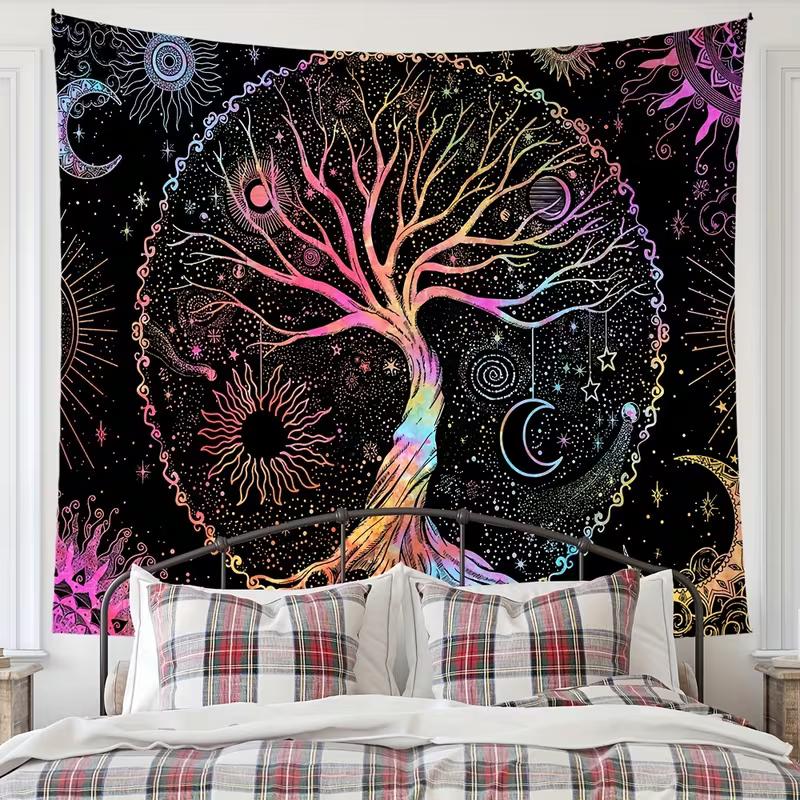 2D Rainbow Tree of Life Tapestry, Black Background Sun Moon Star Wall Hanging, Mystical Scenery Decor