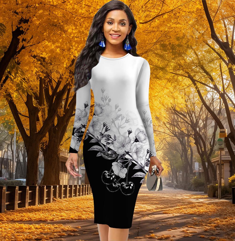 Long Sleeve Waist Tight Office Slim Fit Color Blocking Peach Blossom Printing Elegant Bodycon Dress