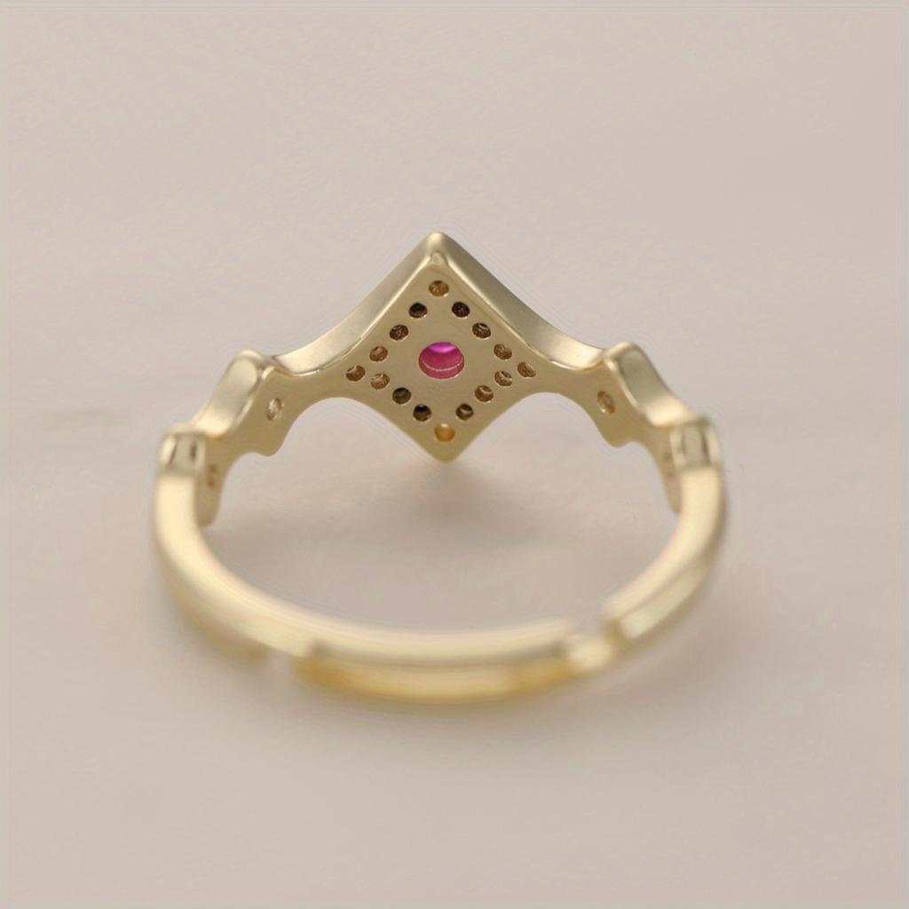 Bohemia 18K Gold Plated Open Brass Ring for Women Retro Sexy Red Cubic Zirconia Light Luxury Rhombus Dense Inlay Transparent CZ Daily Wear Jewelry