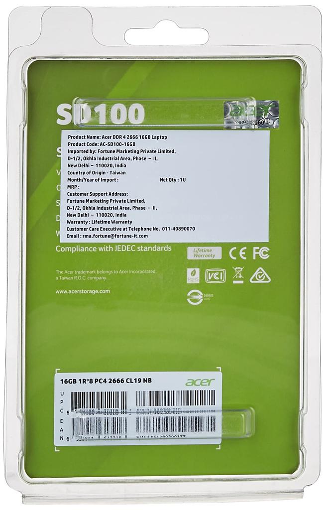 Acer Память для ноутбука 16 ГБ DDR4 DRAM SODIMM Авторизованный дистрибьютор продукт PC4-21300 (DDR4-2666) SD100-16GB-2666-2R8