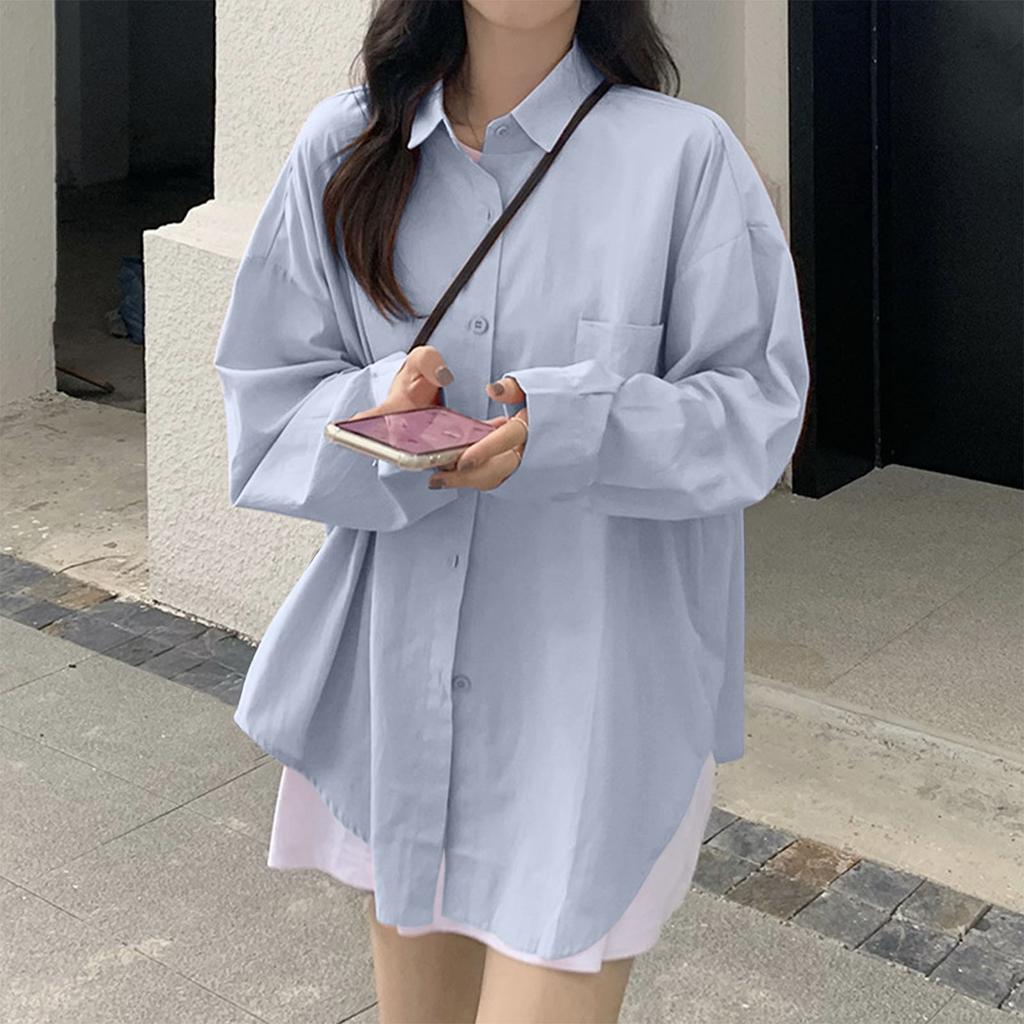 Women's Fashion Solid Color Button Pocket Long Sleeved Casual Lapel Shirt Top