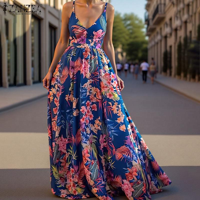 ZANZEA Женское праздничное повседневное платье без рукавов с V-образным вырезом и цветочным принтом в стиле бохо