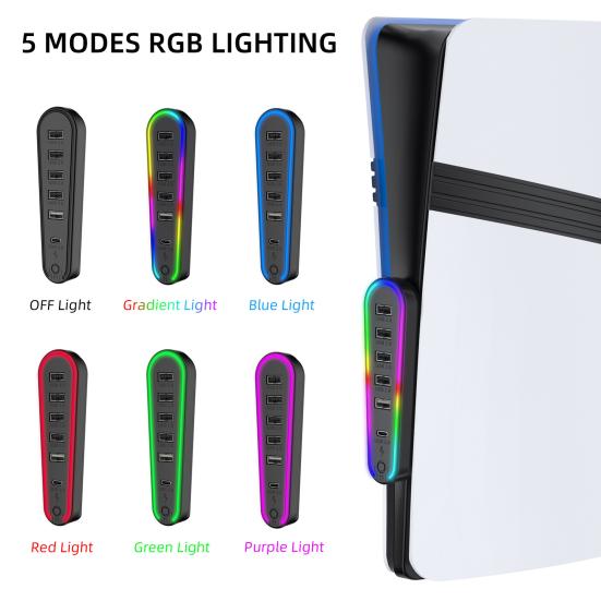 6-портовый USB-концентратор с RGB-подсветкой, подключение и использование без установки драйверов, удобная передача данных, пользовательский интерфейс. USB-концентратор расширения для PS 5 Pro/PS5 Slim.
