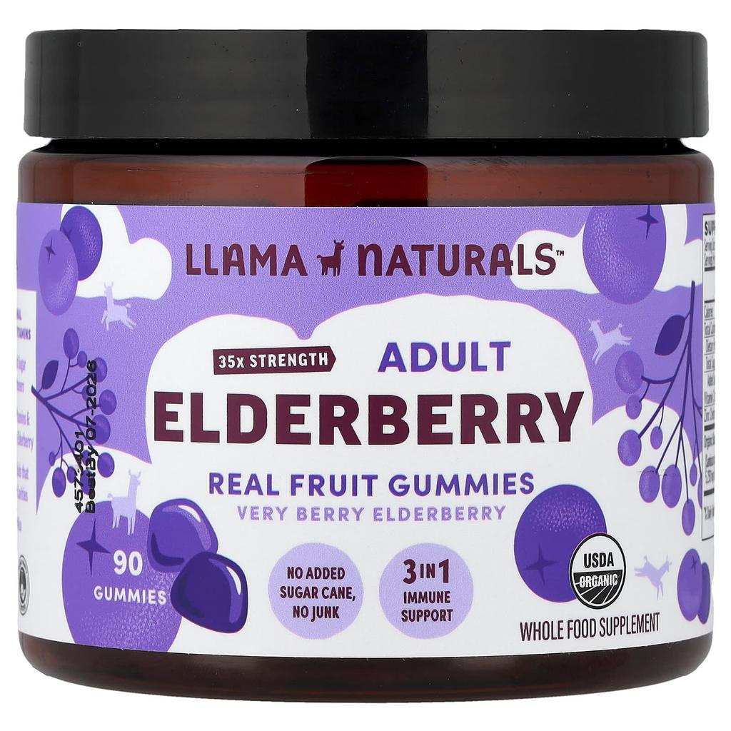 Llama Naturals, Взрослые Черноплодная Бузина, Жевательные Конфеты с Настоящими Фруктами, Очень Ягодная Черноплодная Бузина, 90 Штук