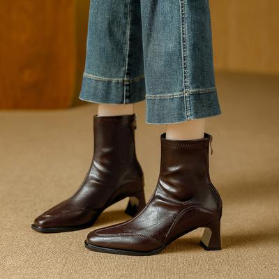 Женские короткие ботинки с квадратным носком на толстом каблуке, новые осень-зима 2025, с задней молнией, из мягкой кожи, нишевые, в литературном ретро-стиле, тонкие эластичные ботинки