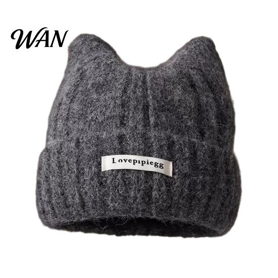 Casual Daily Headgear Cute Cat Ear Woolen Hat, Soft Knitted Cap with Cuffed Gift for Her Brim, Warm Elastic Headwear Winter Hat Autumn And Thermal