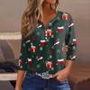 Женская футболка с рождественским принтом, на пуговицах, рукав 3/4, повседневная мода на выходные, базовый топ с V-образным вырезом