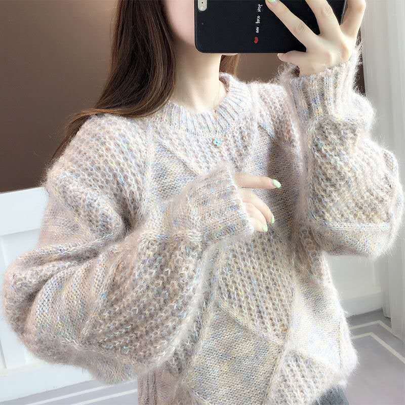 Women's Round Neck Sweater Autumn/winter Korean Version Pullover Loose and Lazy Base Knit Sweater Top Sweater Winter