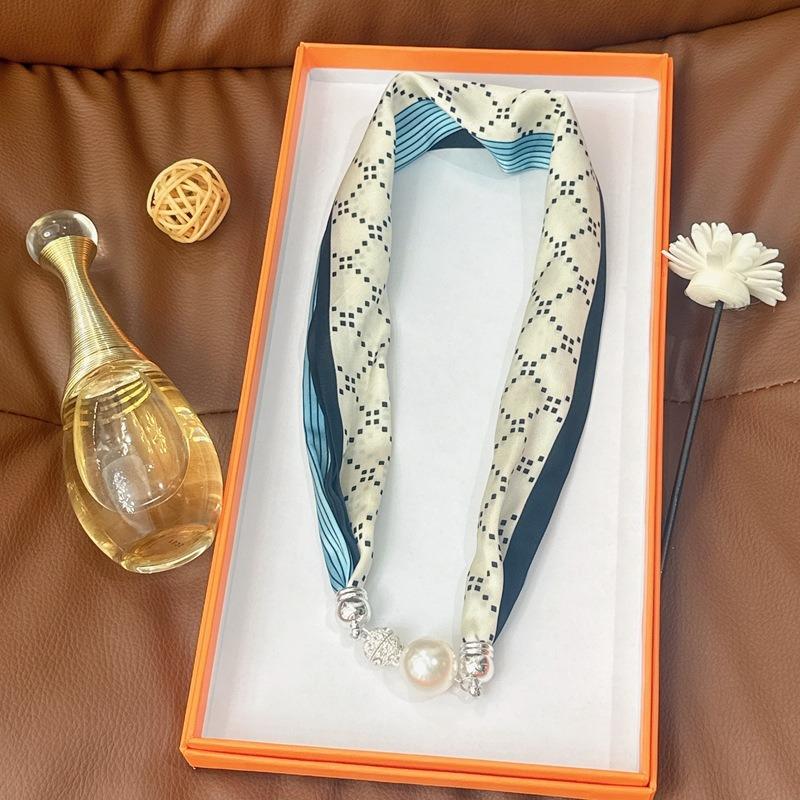 Silk Scarf Women's Spring, Autumn and Summer New Fashion Neck Protection Decoration Long Necklace Type Magnetic Buckle Scarf Small Scarf