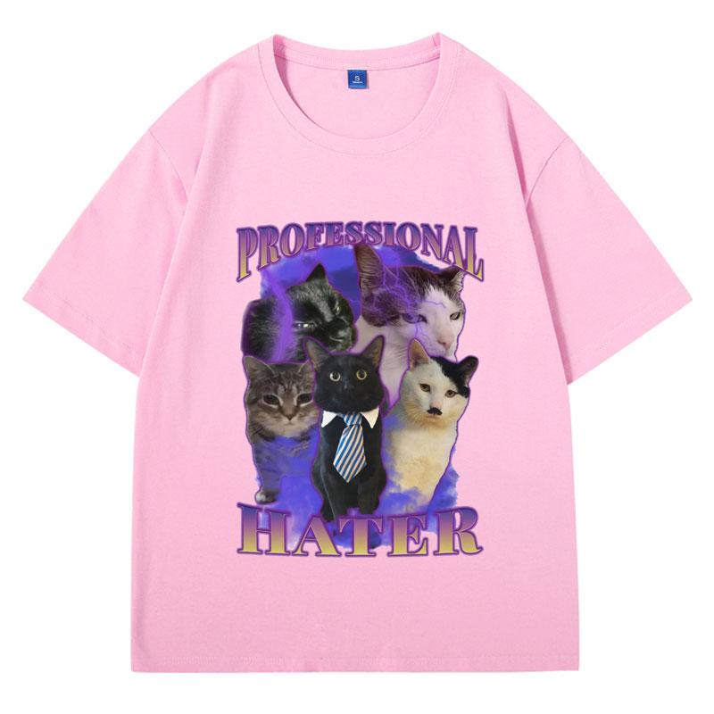 Professional Hater Funny Cat Meme T-shirt Men Vintage Trendy Cat Lover T-shirts Hip Hop Loose Cozy Cotton Tees Male Streetwear