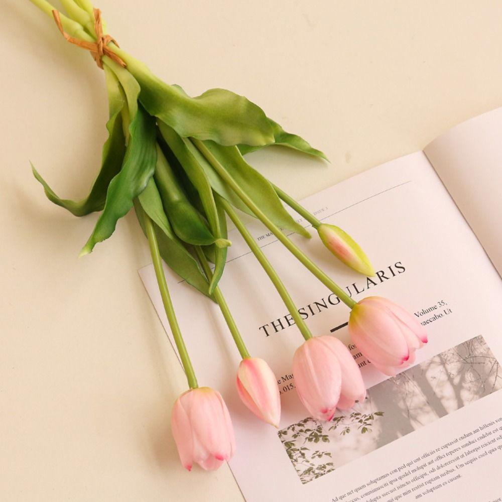 Real Touch Fake Flower 5 Heads Artificial Flower Realistic Tulips Bouquet