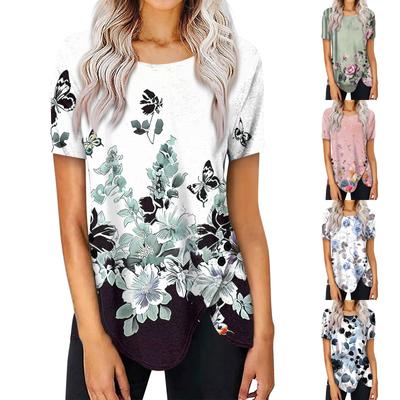 Женская мода повседневная блузка с коротким рукавом и круглым вырезом с принтом на пуговицах сбоку