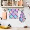 Mermaid Fish Scale Wave Kitchen Towels Set of 2 Japanese Watercolor Colorful Silver Line Scales 3D Dish Towels Absorbent Soft Hand Tea Bar Towels for