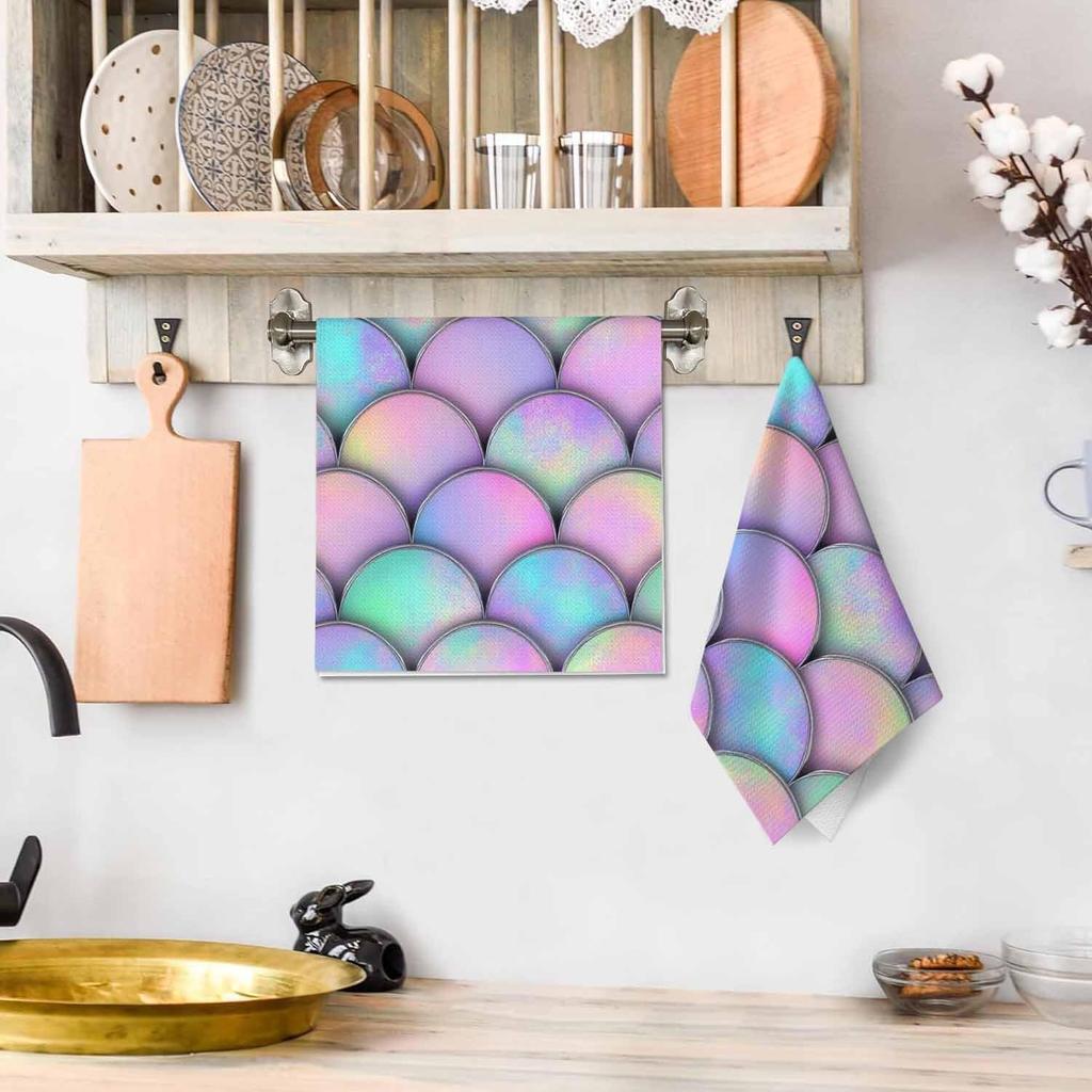 Mermaid Fish Scale Wave Kitchen Towels Set of 2 Japanese Watercolor Colorful Silver Line Scales 3D Dish Towels Absorbent Soft Hand Tea Bar Towels for