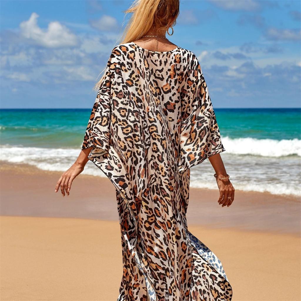 YYFS Women's Fashion Vacation Summer Spring Leopard Print Long Sleeve V-Neck Casual Dresses