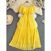 Off-the-Shoulder First Date Vintage Ruffled Waist A- Line Dress