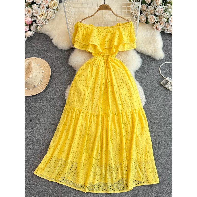 Off-the-Shoulder First Date Vintage Ruffled Waist A- Line Dress