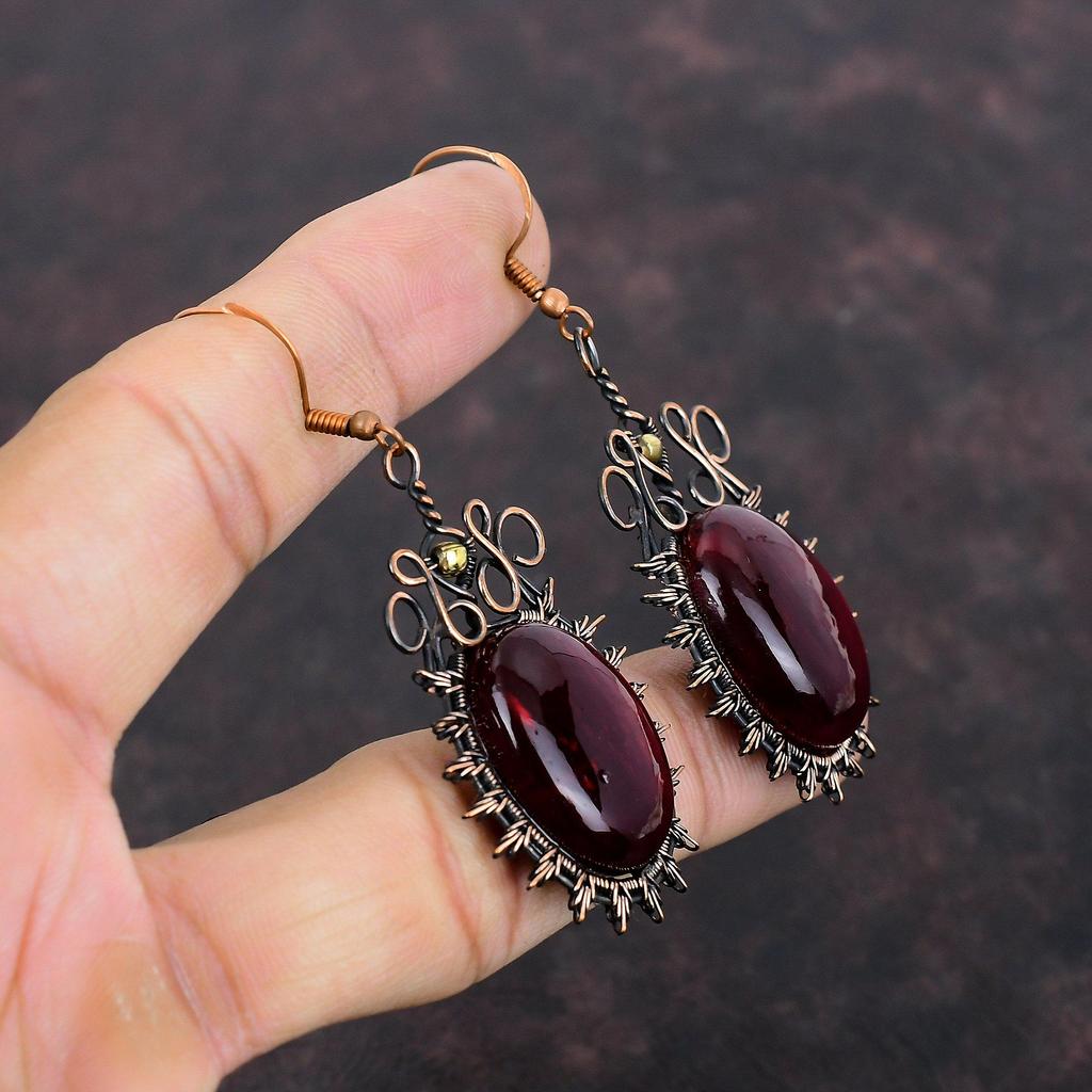 Серьги из красного огненного лабрадорита, серьги из медной проволоки, настоящие серьги из драгоценных камней, ювелирные изделия из медной проволоки, висячие серьги ручной работы, свадебный подарок