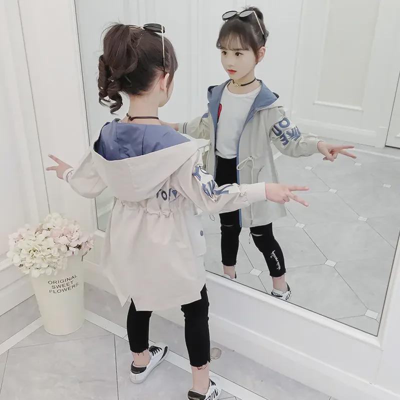 2022 Spring/Autumn Girls' Mid-Length Korean Style Fashion Windbreaker Coats for Children