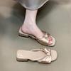 Open-toed Cool Slippers 2025 Summer with Skirt One-word Drape Pleated Bow Gentle Sandals