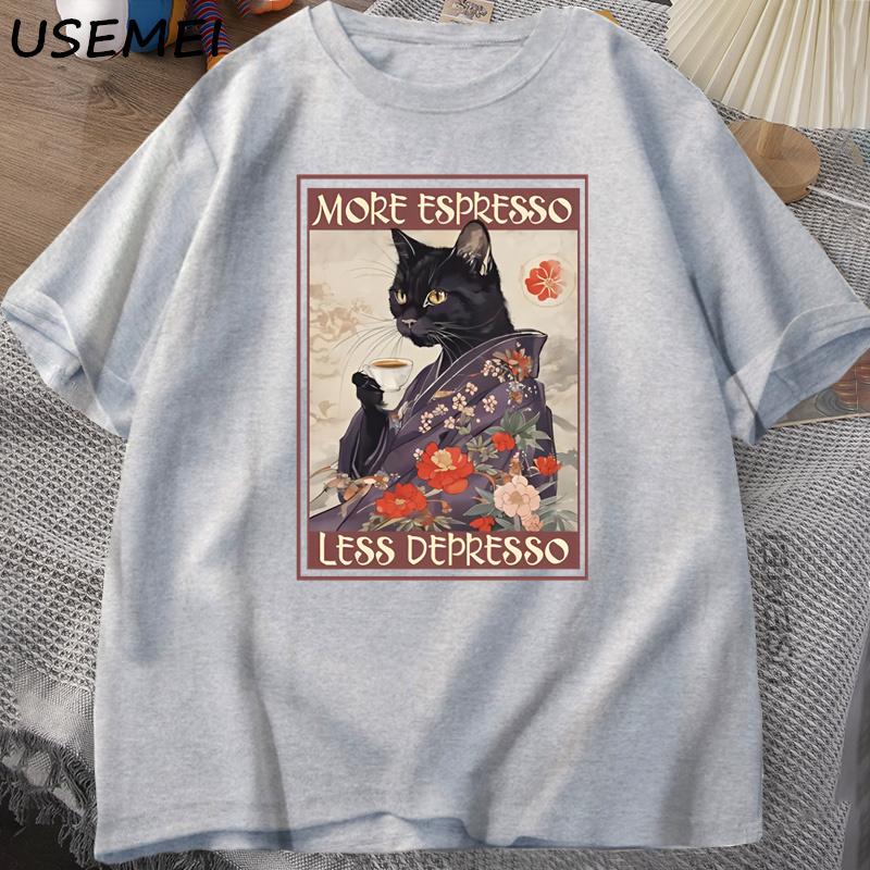 More Espresso Less Depresso Humorous TShirt Unisex Women Black Cat Coffee T Shirt Cotton Y2k Summer Loose Short Sleeve Tee