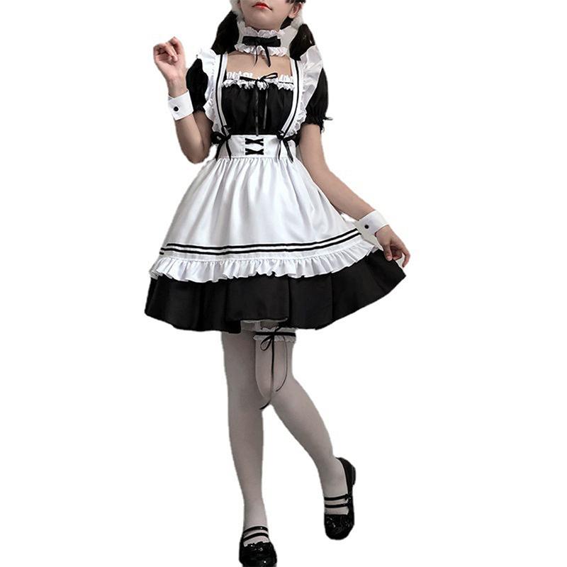 Black Cute Lolita Maid Costumes Girls Women Lovely Maid Cosplay Costume Dress
